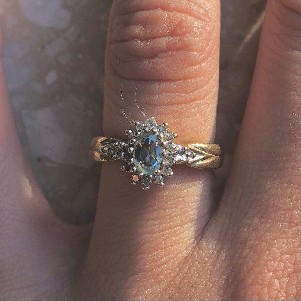 Aquamarine Diamond Halo Oval Yellow Gold Vintage Ring